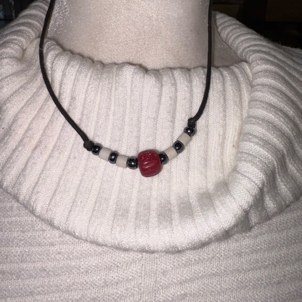 BOHEMIAN STYLE BEADED NECKLACE RED WHITE AND BLUE BEADS. 8”